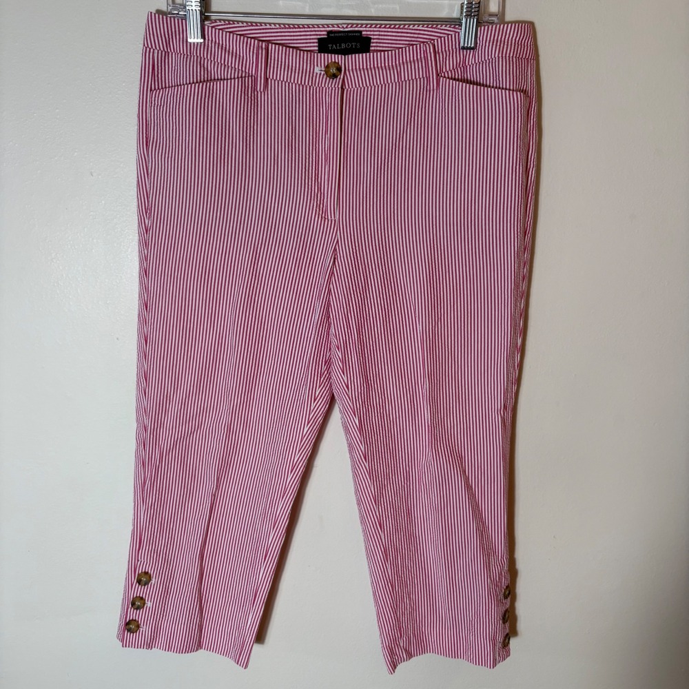 Talbots The Perfect Skimmer Pink White Stripe Cropped Pants Button Detail Size 8